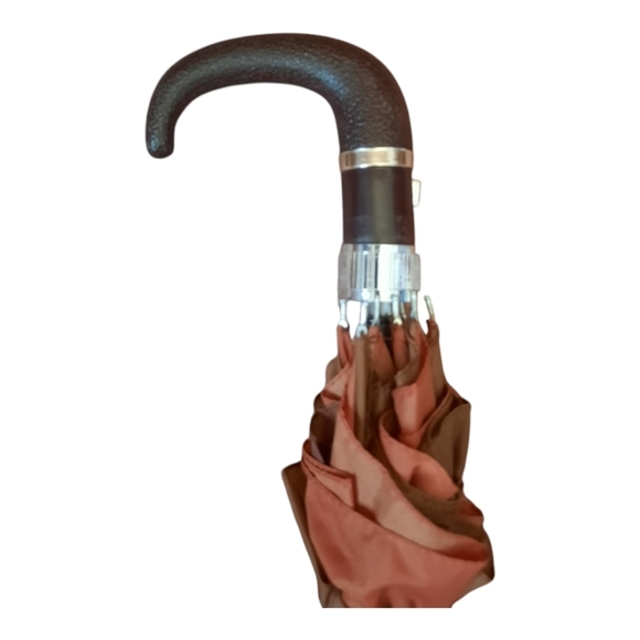 Vintage brown rusty orange compact umbrella with plastic hook handle - Picture 2 of 8